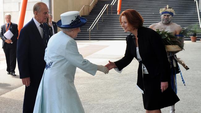 Julia Gillard welcomes the Queen and Prince Philip to CHOGM in Perth in 2011. Picture: AFP