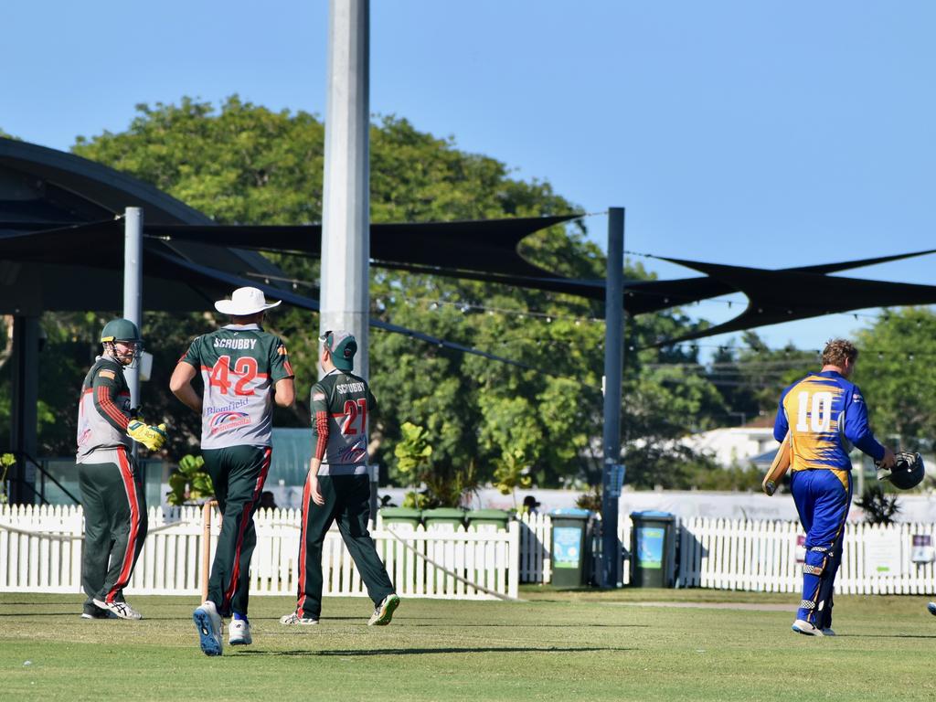 Walkerston celebrate a wicket against Souths Sharks Cricket Club in Mackay