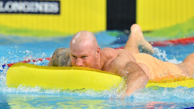 Former Sydney Swans player, Barry Hall, during a celebrity swimming race  on day three of swimming competition at the XXI Commonwealth Games at Gold Coast Aquatic Centre on the Gold Coast, Australia, Saturday, April 7, 2018. (AAP Image/Darren England) NO ARCHIVING, EDITORIAL USE ONLY