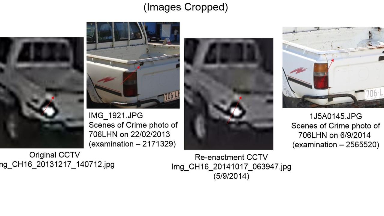 Images show the original footage, re-enactment, and scenes of crime photos of a 706LHN 1994 Toyota Hilux compiled for the inquest into Shandee Blackburn's death.