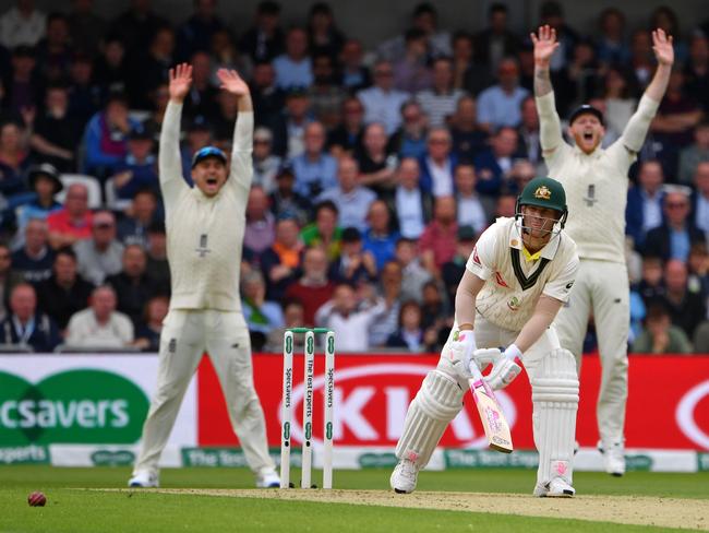 England players unsuccessfully appeal for LBW against Australia's David Warner. Picture: AFP