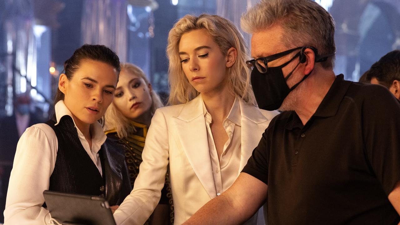 Hayley Atwell, Pom Klementieff, Vanessa Kirby and Christopher McQuarrie on the set of Mission: Impossible Dead Reckoning Part One.