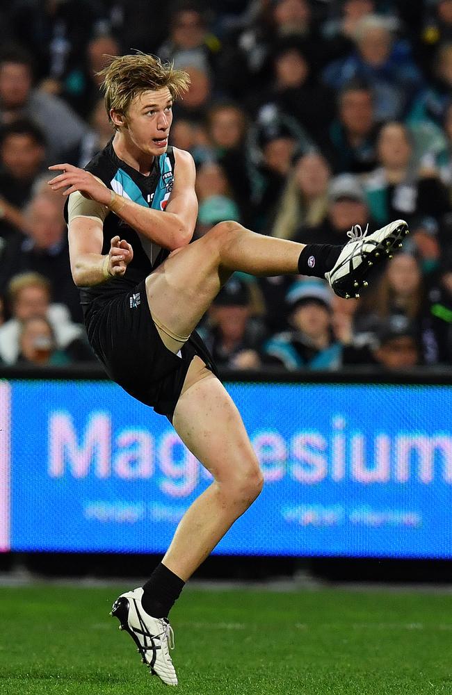 Todd Marshall had to wait all season for his opportunity but has played the last two AFL games with the Power and impressed. Picture: Daniel Kalisz (Getty).