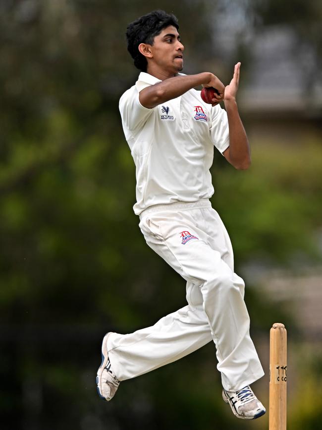 Vishwa Ramkumar leaps through the crease. Picture: Andy Brownbill