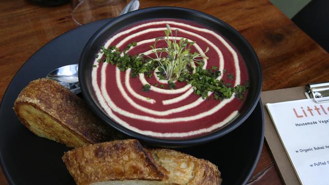 Little Lotus Cafe. Beetroot and White Bean with a swirl of Nut 'Cheese'. It's vegan and easily gluten free by request Served with toasted Pigeon Whole or Baked Gluten Free bread it makes the perfect winter lunch. Dine in or take away.