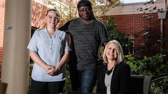 Nurse Amy Williams, Stephen K Amos and Cathy Murphy from the Mary Potter Foundation at the Mary Potter Hospice in North Adelaide. Picture: Morgan Sette/ The Advertiser