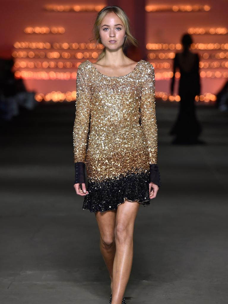 A model walks the catwalk at the AJE show at Mercedes-Benz Fashion Week Australia 2015. Picture: Getty