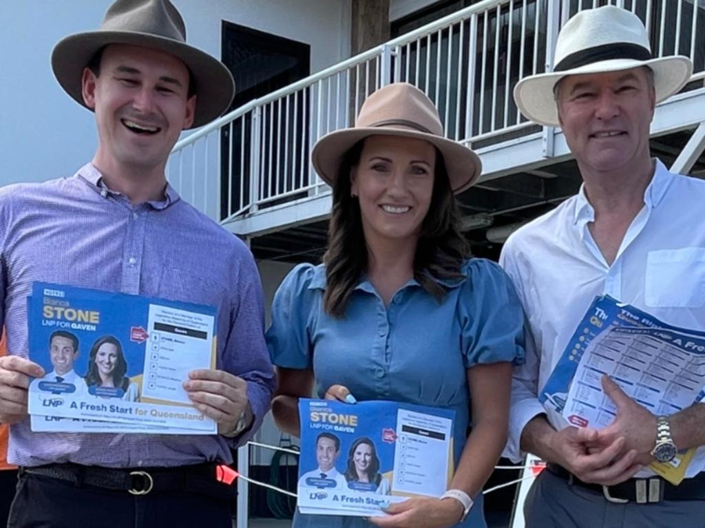 Bonney MP Sam O'Connor (far left) and Surfers Paradise MP John-Paul Langbroek join LNP candidate Bianca Stone.