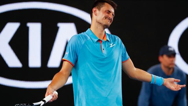 Australia's Bernard Tomic reacts after a point against Croatia's Marin Cilic. Picture: