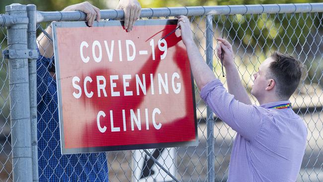 COVID signs are out up at the Parklands Christian College in Park Ridge. Picture: NCA NewsWire / Jono Searle