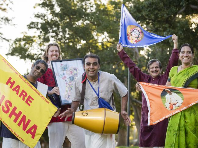 Preparing for the Festival of Chariots are (from left) Medhavi Das, Ryan Otto, Dharmesh Patel, Yaju Mahida and Jayshree Dasi, Saturday, July 15, 2023. Picture: Kevin Farmer