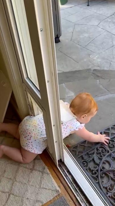 Adorable moment baby gets stuck in doggy door