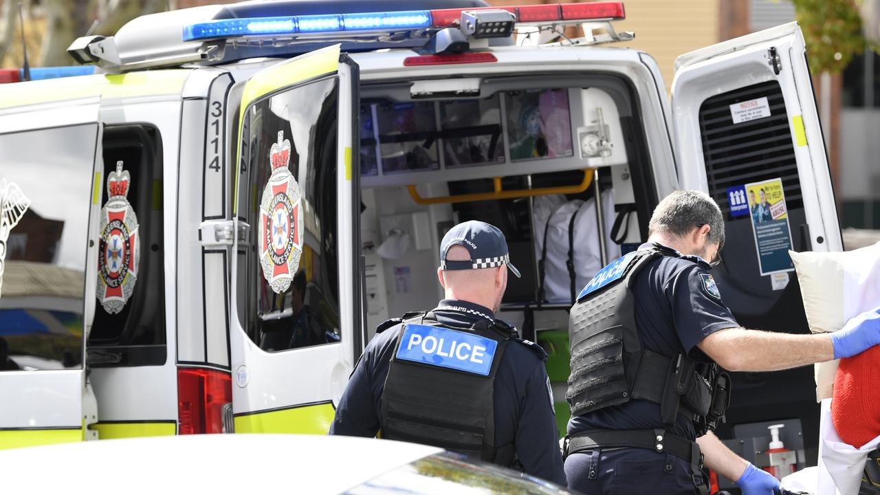 Police and QAS outside the Toowoomba Courthouse after it was placed in lockdown after a woman brandished a knife outside the building, Thursday, August 15, 2024.