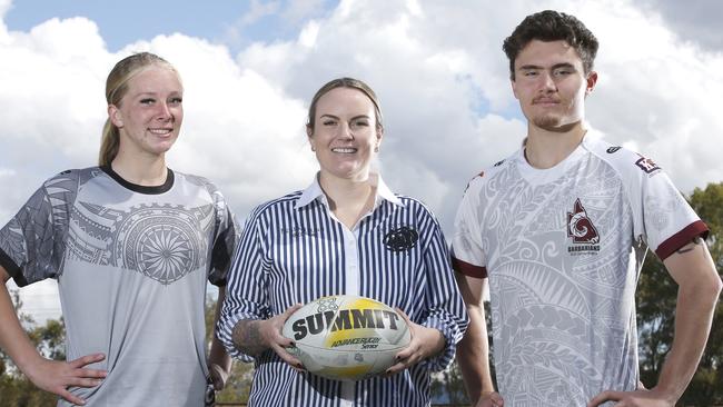 Kristin Dunn, who spearheaded the Pacific Youth Rugby Festival, poses with Maicy Furner, 16, (left) of Helensvale Hogs and Tanner Hicks-Downie, 17, of Nerang Bulls team during a photo shoot at the Nerang Bulls rugby ground, Gold Coast, Sunday, August, 28, 2022. Photo: Regi Varghese, Gold Coast