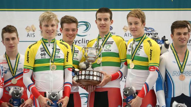 LtoR: Alex Porter, Alex Edmondson, Miles Scotson and Callum Scotson (South Australia) after victory in the Men's Team Pursuit. Track Cycling at Adelaide Super-Drome, night 1. 03/02/16 Picture: Stephen Laffer