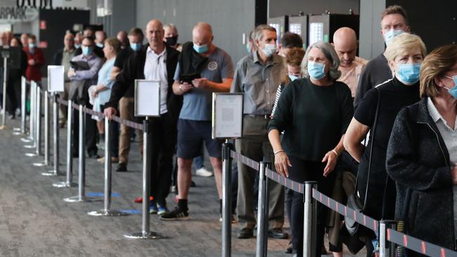 Vaccinations for Over 50's begins today pics at the Melbourne Exhibition Centre. The lineup outside the centre. Monday, May 3, 2021. Picture: David Crosling