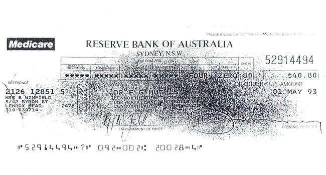 Bronwyn Winfield's purported signature on the disputed Medicare cheque.