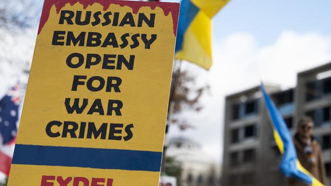 The rally comes amid a lease dispute between the Australian and Russian governments over the site of a new Russian Embassy in Canberra. Picture: NCA NewsWire / Martin Ollman