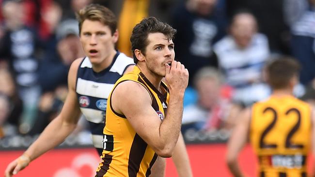 Isaac Smith reacts after missing a shot in the dying seconds against Geelong on Saturday. Picture: AAP