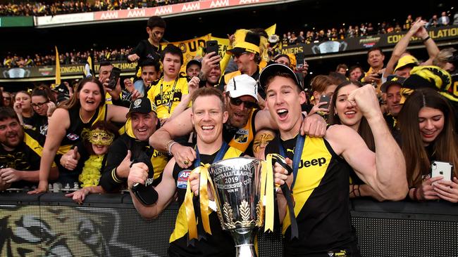 Richmond's Jack Riewoldt and Tom Lynch celebrate the 2019 premiership. Picture: Phil Hillyard