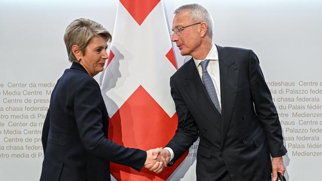 Swiss Finance Minister Karin Keller-Sutter with Credit Suisse chairman Axel Lehmann. Picture: AFP