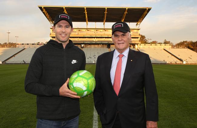 Walker Corporation chief executive Lang Walker with former Socceroo Brett Emerton – supported the Macarthur South West A-League bid. Picture: Robert Pozo