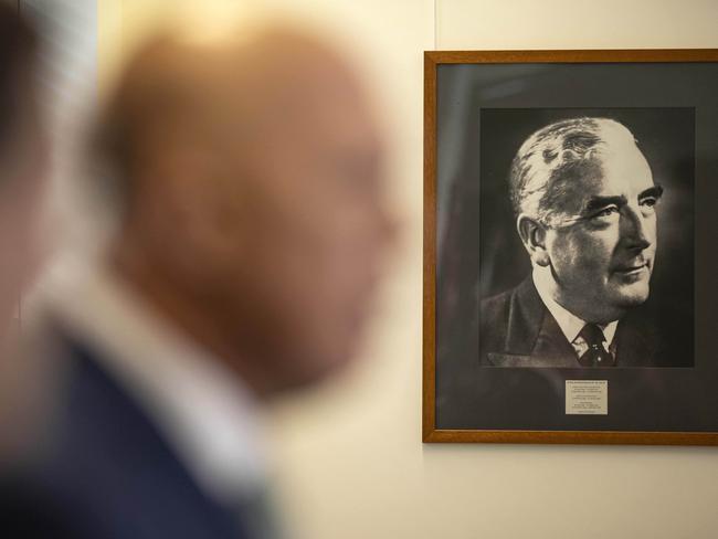 CANBERRA, AUSTRALIA - NewsWire Photos SEPTEMBER 28, 2022: A portrait of Sir Robert Menzies on the wall where the Leader of the Opposition Peter Dutton and the Shadow Attorney-General Julian spoke to the media in the Opposition Party Room, in Parliament House in Canberra. Picture: NCA NewsWire / Gary Ramage