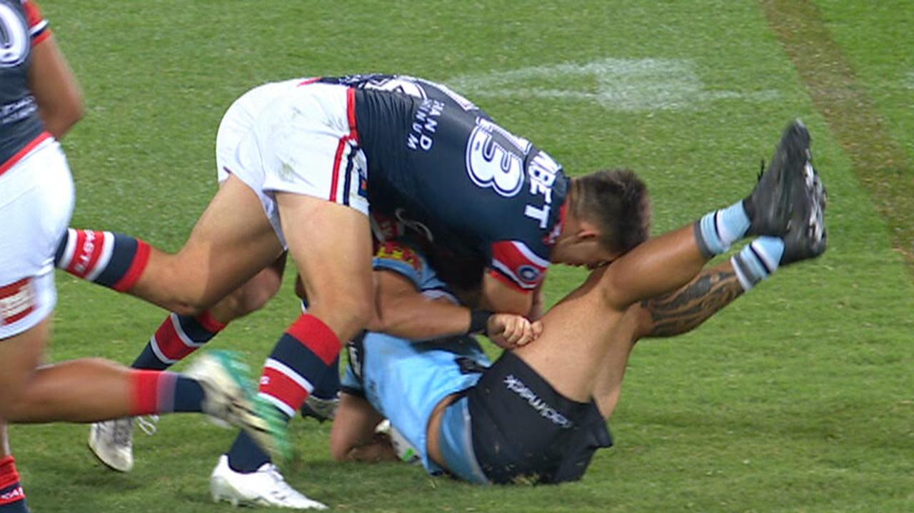 Ben Marschke is placed on report for a crusher tackle.