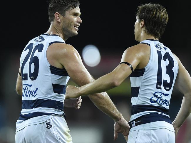 GOLD COAST, AUSTRALIA - AUGUST 14: Tom Hawkins of the Cats celebrates kicking a goal during the round 12 AFL match between the Geelong Cats and the Port Adelaide Power at Metricon Stadium on August 14, 2020 in Gold Coast, Australia. (Photo by Matt Roberts/Getty Images)