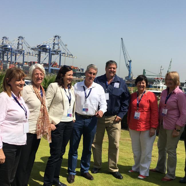 Townsville mayor Jenny Hill, Rockingham's Margaret Strelow, Premier Annastacia Palaszczuk, Mackay's Greg Williamson, Whitsunday Regional Council Mayor Andrew Willcox, Isaacs Mayor Anne Baker and Charters Towers Mayor Liz Schmidt during the delegation to India led by Premier Annastacia Palaszczuk. Absent Gladstone Mayor Matt Burnett and Central Highlands Mayor Kerry Hayes at Mundra Port.