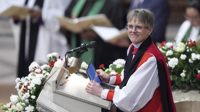 Rev. Mariann Budde leads the national prayer service attended by President Donald Trump at the Washington National Cathedral, Tuesday, Jan. 21, 2025, in Washington. (AP Photo/Evan Vucci)