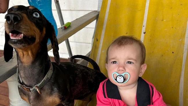 Dalby's cutest dog for 2023 Remmi sits with her best friend Oaklyn-Mae. Picture: Contributed.