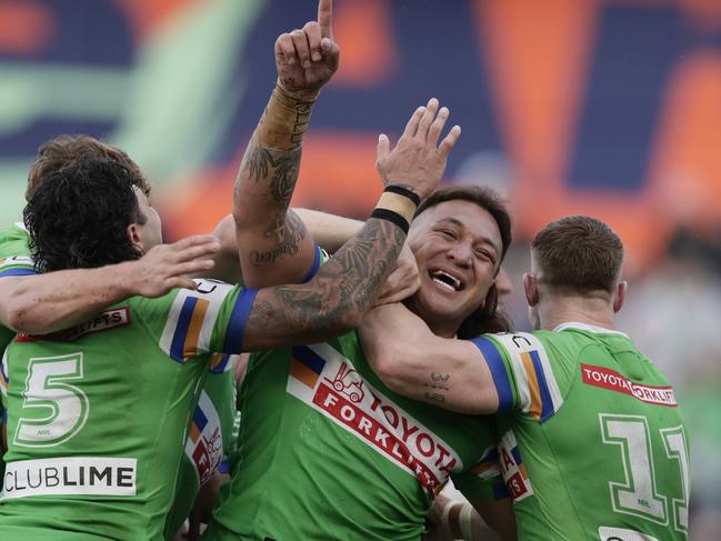 Josh Papalii celebrated his milestone in style. Picture: NRL Photos