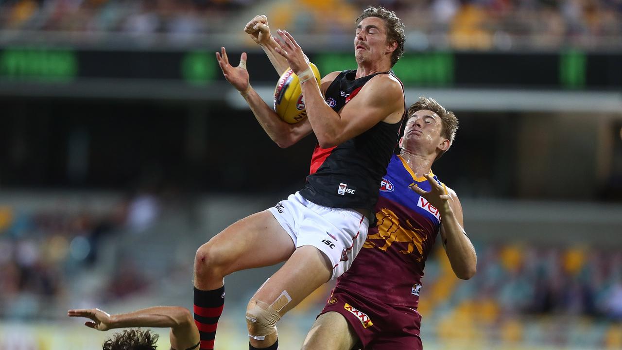 Joe Daniher takes a mark against Brisbane in 2017.