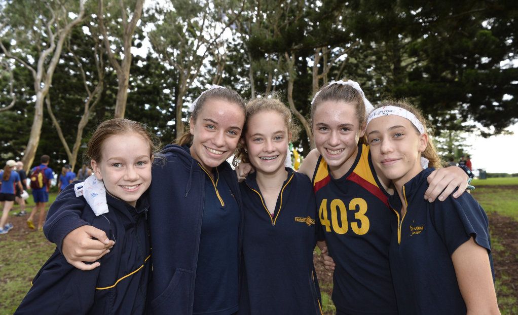 Representing Fairholme College are (from left) Millicent Beattie, Maddie Randall, Georgia Sloss, Marissa Miller and Chloe Randall at Peak2Park 2018, Sunday, March 4, 2018. Picture: Kevin Farmer