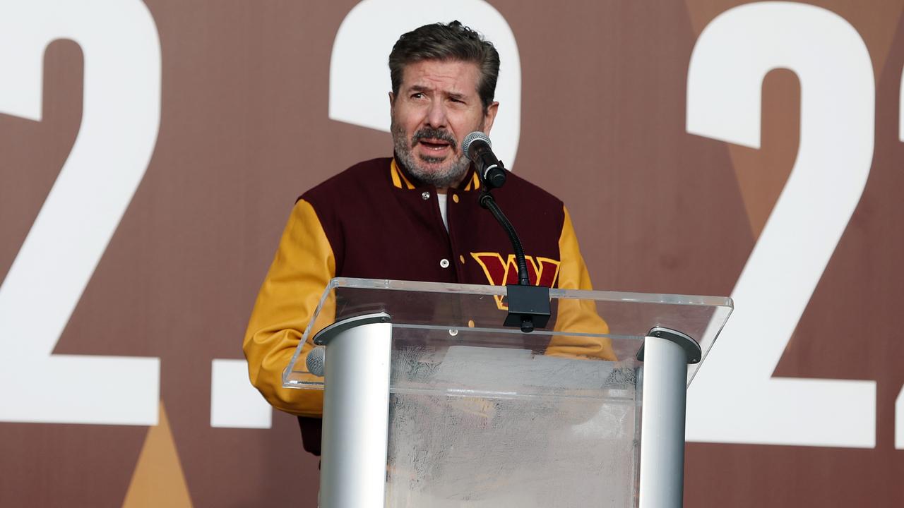LANDOVER, MARYLAND - FEBRUARY 02: Team co-owner Dan Snyder speaks during the announcement of the Washington Football Team's name change to the Washington Commanders at FedExField on February 02, 2022 in Landover, Maryland. (Photo by Rob Carr/Getty Images)