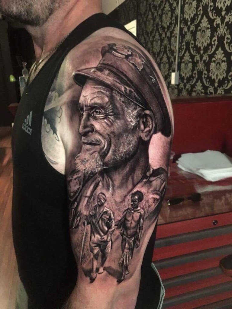 11/10/2017 - A tribute to the fuzzy wuzzy angels of the kokoda campaign. I was lucky enough to meet the man pictured several times as I am a trek leader of kokoda having done it 15 times. I had to get permission from his village to get he’s image tattooed. I am great friends with he’s family in Png. I once got typhoid on the kokoda track and when I woke in the hospital it was Ovuri’s(fuzzy wuzzy) son that was sitting beside me. Picture: Andrew Smith