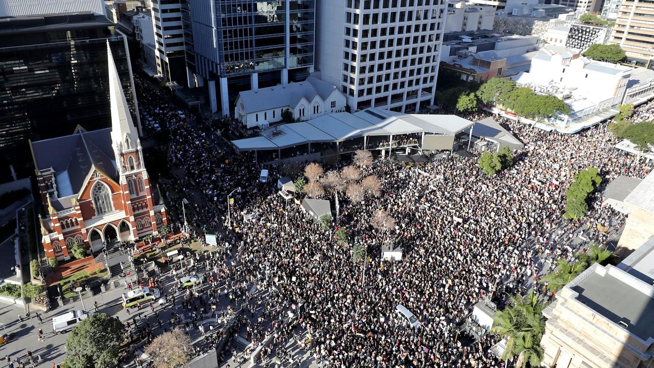 This photo of protesters in King George Square, Brisbane, calls into question coronavirus restrictions in Australia. Pic Peter Wallis