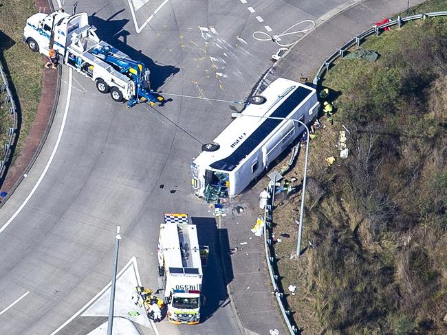 HUNTER VALLEY, AUSTRALIA - NCA NewsWire Photos - 12 JUNE, 2023: Aerial scene coverage from the site where ten people have died, and 11 people were hospitalised after a bus carrying wedding guests crashed in the Hunter Valley., Picture: NCA NewsWire / Christian Gilles