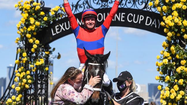 Verry Elleegant with James McDonald after her 2021 Melbourne Cup victory Picture: Getty Images