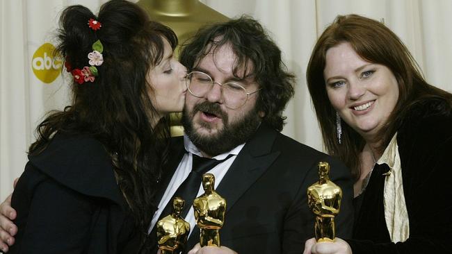 Winners ... Fran Walsh, Peter Jackson, and Philippa Boyens with the Oscars for The Return of the King. Picture: Jeff Haynes