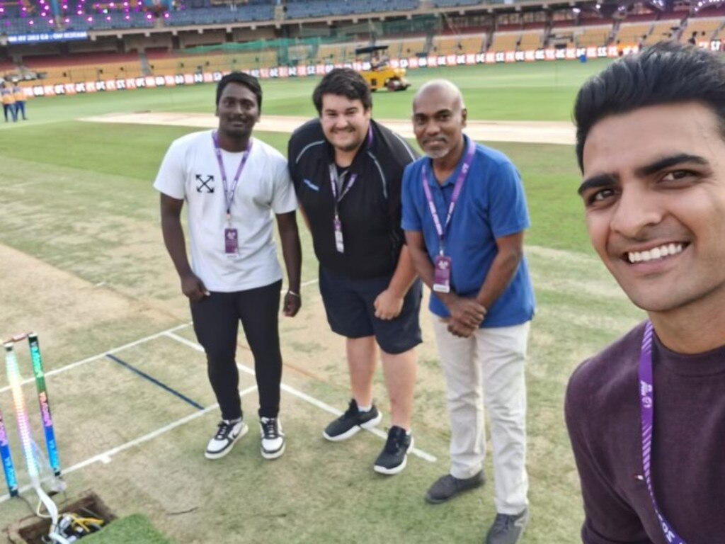 Manwar with his creations before a match in India. Picture: Supplied