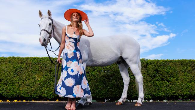 Jordan Simek dressed for the Sydney Everest Carnival Long Lunch. Picture: Justin Lloyd