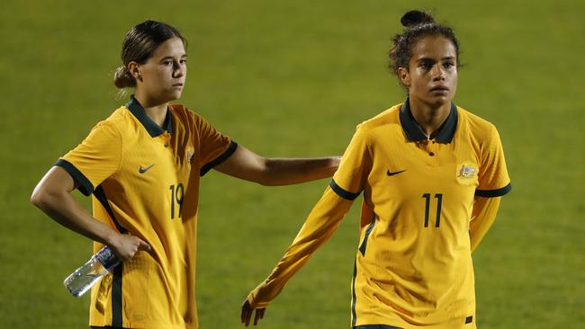 Matildas stars Kyra Cooney-Cross and Mary Fowler. Picture: Oisin Keniry/Getty Images