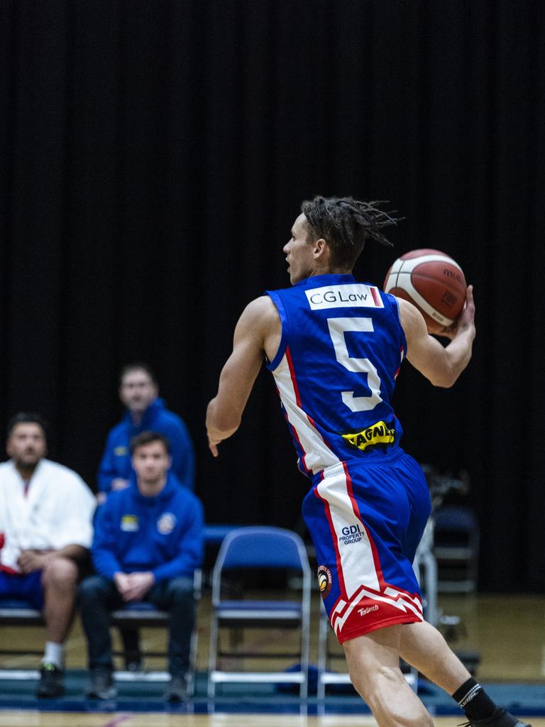 Bailey Nwanevu for Toowoomba Mountaineers against Rip City in Queensland State League Division 1 mens basketball semi-final at USQ's Clive Berghofer Recreation Center, Saturday, July 30, 2022. Picture: Kevin Farmer