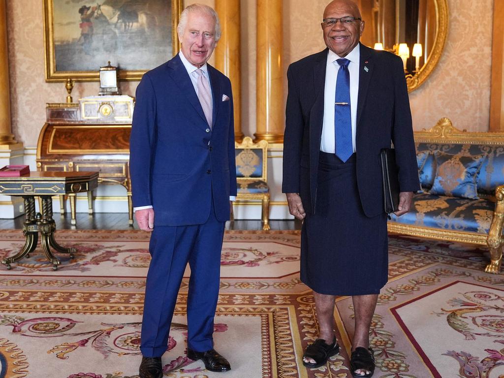 King Charles III welcomes Fiji's Prime Minister Sitiveni Rabuka for an audience at Buckingham Palace, on the same morning Prince Harry arrived. Picture: AFP