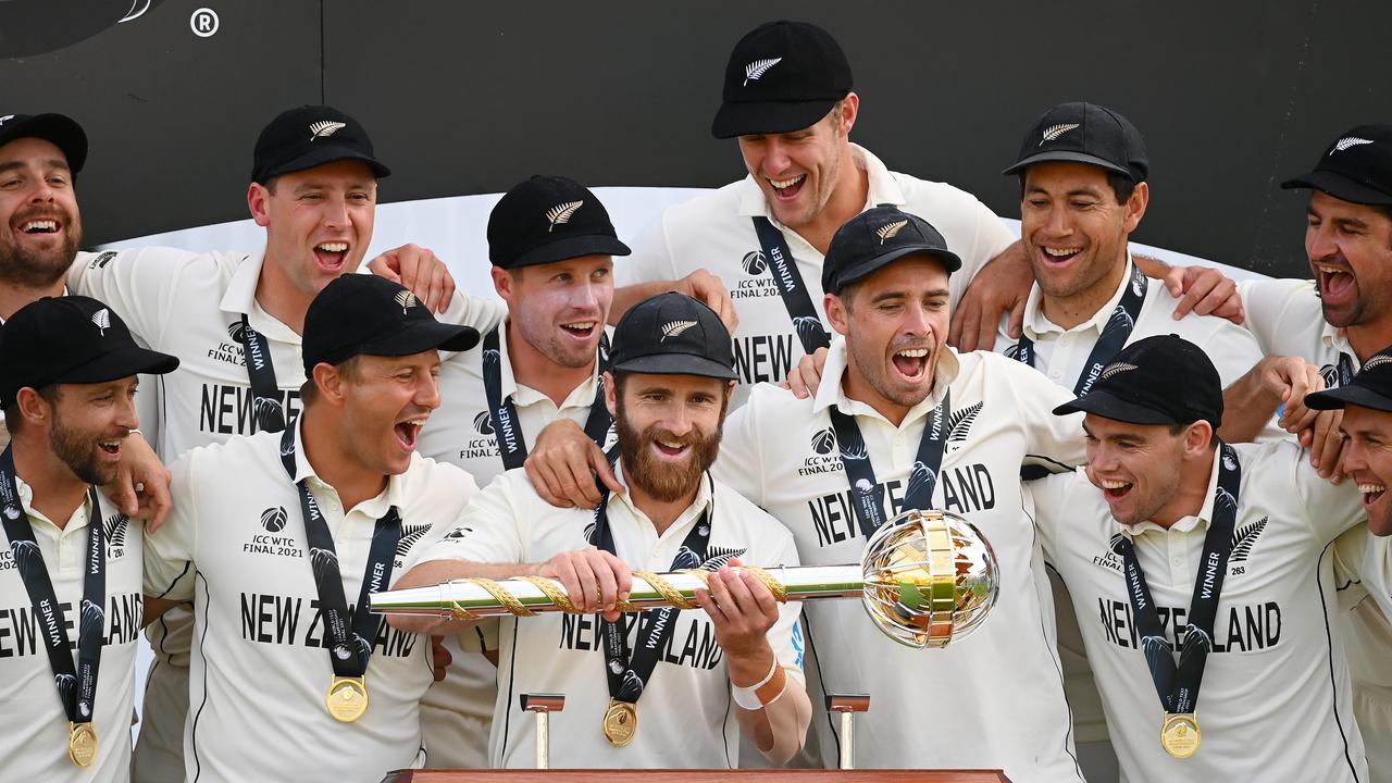 Kane Williamson of New Zealand lifts the ICC World Test Championship Mace. Photo by Alex Davidson/Getty Images