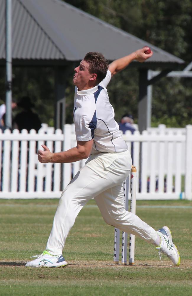 Cricket Gold Coast Kookaburra Cup 1st grade clash between Mudgeeraba Nerang Bushmen and Surfers Paradise Demons at Corbwood Oval, Carrara, on October 23, 2021. Surfers Bowler: Michael Waldren. Picture: Mike Batterham