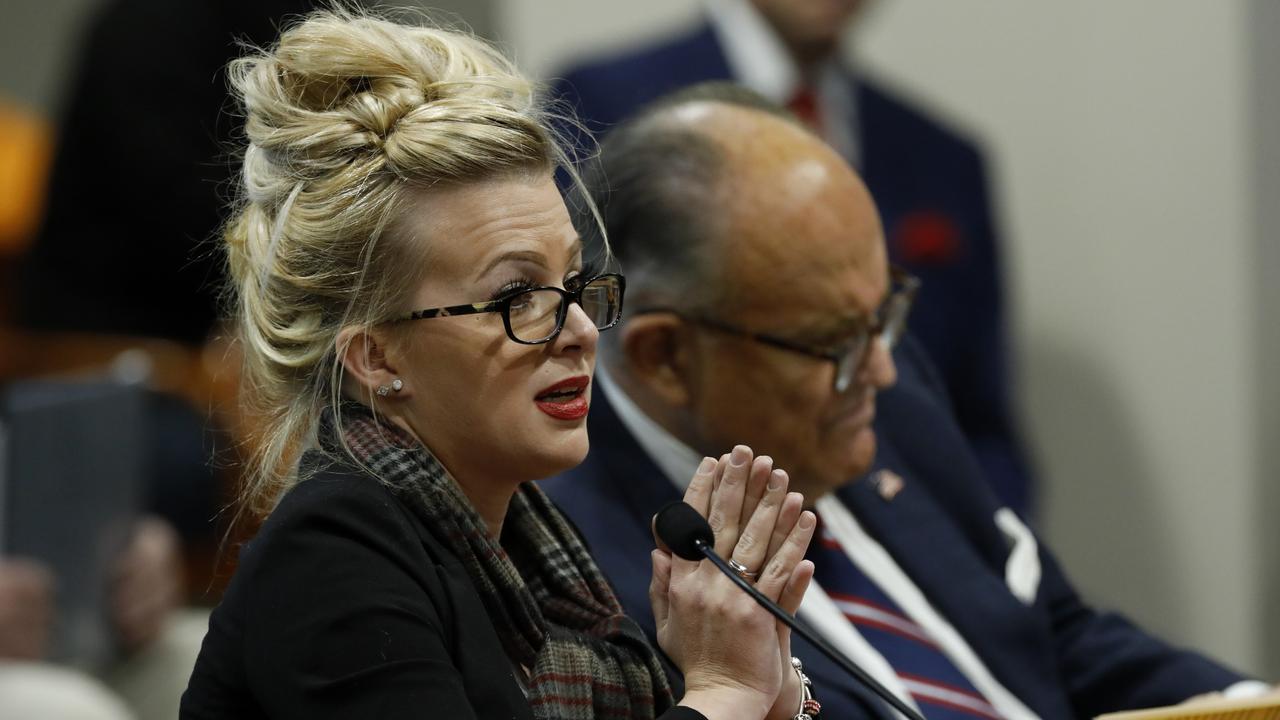 Melissa Carone, who was working for Dominion Voting Services, speaks in front of the Michigan House Oversight Committee in Lansing, Michigan on December 2, 2020. Picture: JEFF KOWALSKY / AFP