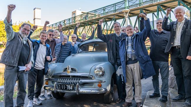 Engineering students behind the Adelaide University prank to hang a car from the footbridge reveal their identities. Picture: Adelaide University's Lumen magazine.